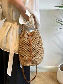 Women's Holiday Bohemian Drawstring Straw Bucket Tote Shoulder Bag - Khaki - View 4