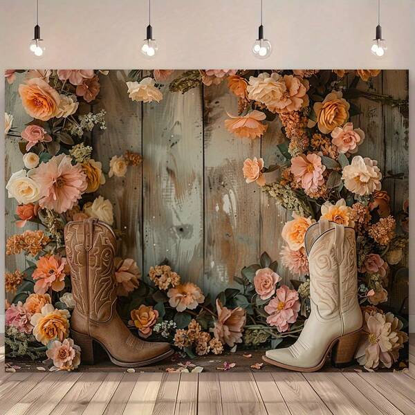 1 Piece Rustic Floral Cowboy Boots Photography Background - Vibrant Orange And Pink Floral Design With Wood Panel Background, Perfect For Weddings, Bridal Showers, Studio Shoots And Parties, Wedding Photography Backgrounds|Elegant Backgrounds|Textured Backgrounds