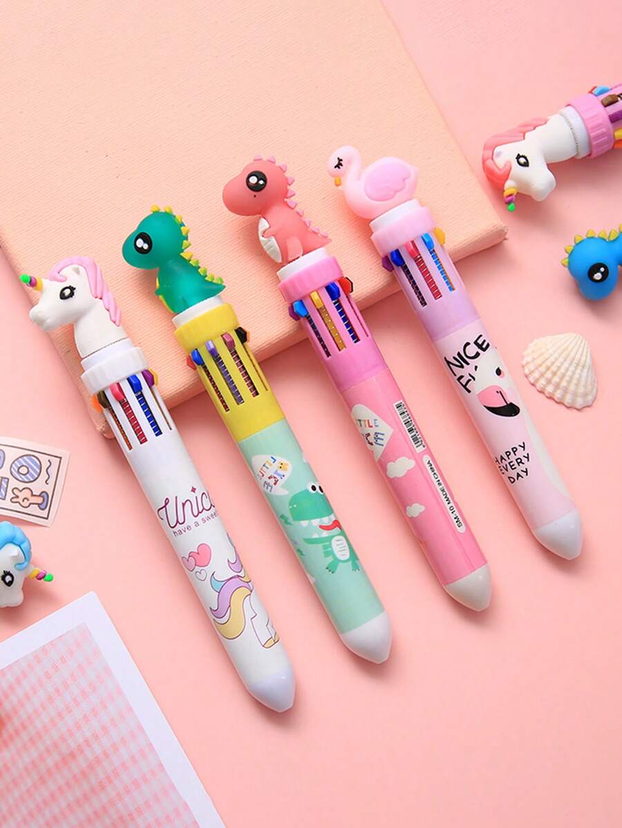 4pcs/1pc Cartoon Style 10-Color Handheld Ballpoint Pens, Cartoon Student Stationery Multi-Function Bullet Tip Ballpoint Pens, Suitable For Children's Daily School And Home Use, Ideal Choice For Children's Gifts And Back To School Gifts. - Multicolor - View 1
