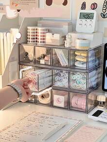 1pc 4-Grid Acrylic Multipurpose Desk Organizer Box, Large Capacity, Suitable For Stationery, Cosmetic, Pens, Marker Pens, Students & Office Use - Clear - View 1