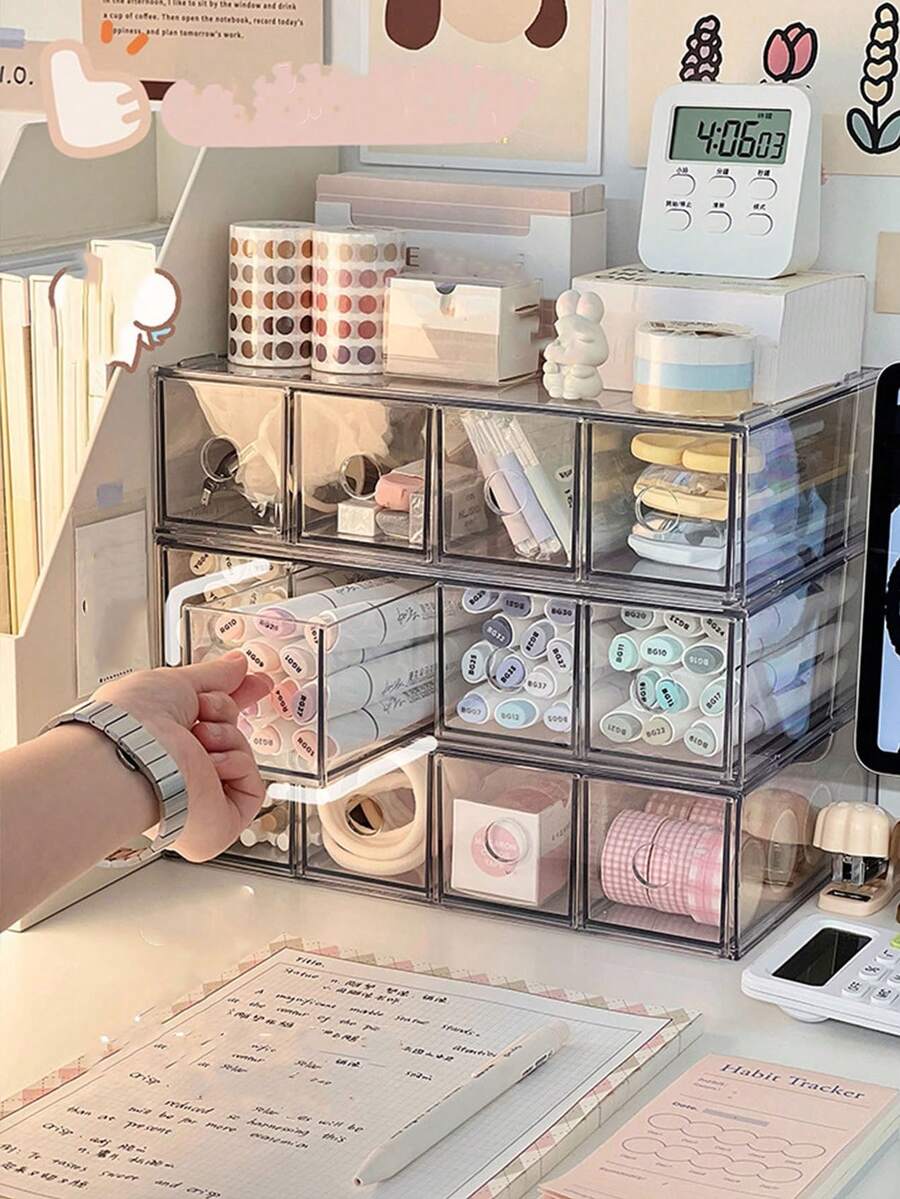 1pc 4-Grid Acrylic Multipurpose Desk Organizer Box, Large Capacity, Suitable For Stationery, Cosmetic, Pens, Marker Pens, Students & Office Use - Clear - View 1