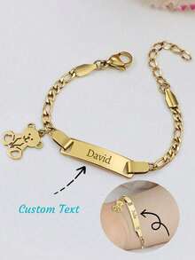 Customized Name Children's Bracelet And Necklace Set, Personalized Engraved Teddy Bear Jewelry For Kids - One Size - View 4