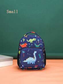 1pc Nylon Zipper Closure Fashionable Cartoon Backpack, Indie Design Adjustable Shoulder Strap Bag, Cute Coconut Tree & Dinosaur Print Pattern Backpack, Perfect Gift For Teenagers - Navy Blue - View 1
