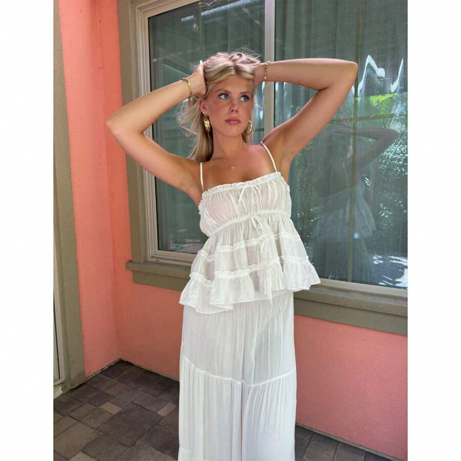 Women Y2k Floral Tank Top Spaghetti Strap Backless Ruffle Ruched Crop Top Flowy Peplum Babydoll Tops Streetwear - White - View 1