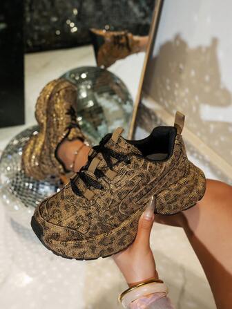 Dames luipaardprint met kristallen versierde platform sneakers, modieuze casual schoenen met verhoogde zolen, modieuze Ins-stijl lente/herfst 2025