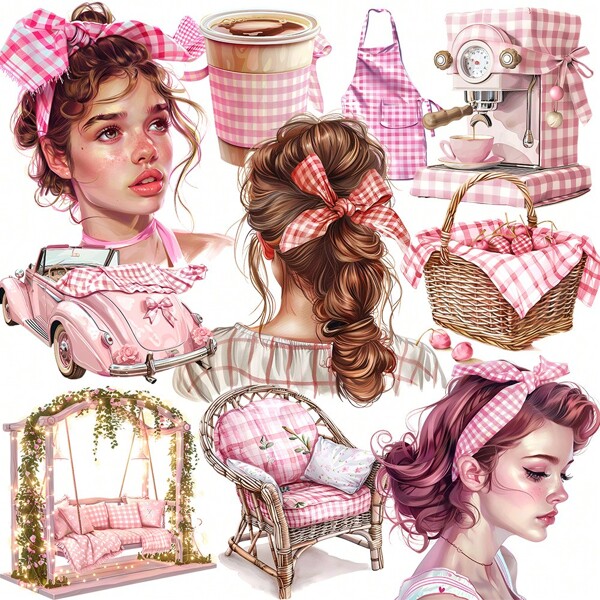 1 Pack Vintage Spring Pink Plaid Girl Coffee Series Scrapbooking Stickers Decorative DIY Cutting Memo Book Diary Album Photo Craft Stationery School Supplies Stickers