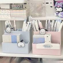 1pc 6-Compartment Cream Color Pen Holder, Simple Design Large Capacity Desk Organizer For Stationery, Makeup Brushes, Eyeliners And Other Beauty Tools Back To School