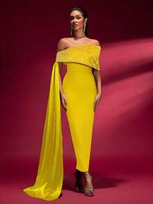 Women's Beaded Tie Splice Off Shoulder Bodycon Dignified Evening Maxi Dress, Autumn - Yellow - View 4