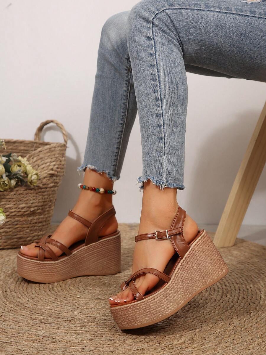 2025春夏新款女士坡跟厚底沙滩度假编织绑带高跟凉鞋，连衣裙风格时尚高跟拖鞋 - 棕色 - 查看 1