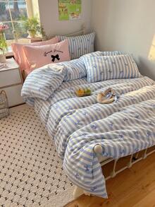 1 Set (1 Duvet Cover + 2 Pillowcases + 1 Flat Sheet) Blue Embroidered Bow Princess Style Fresh Cotton Bedding Set, Breathable And Skin-Friendly, Suitable For Girls Bedroom, All Seasons - View 1