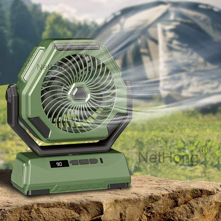 NetHong USB Rechargeable Battery Powered Tent Fan Portable Camping Fan With LED Lantern - Green - View 1