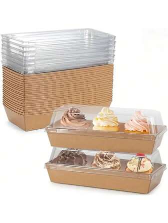 10pcs/1set,Rectangular Plain Long Bread Box, White, Pink Rectangular Cupcake Box, Swiss Roll Sandwich Box, Transparent Lid Muffin Cheese Cake Pastry Box Fruit Display Food Cupcake Container Box