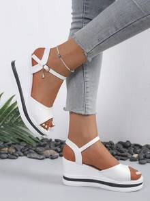 New Women's Fashion Solid Color Peep Toe Party & Holiday Style Strap Buckle Decor Wedge Platform Sandals - White - View 6