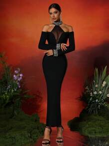 Love Aing Robe de soirée de mode pour femme à manches longues, avec cristaux faits à la main, contraste de maille, dos nu, fente à l'ourlet, pour soirée de gala, mariage, cérémonie, tenue de soirée