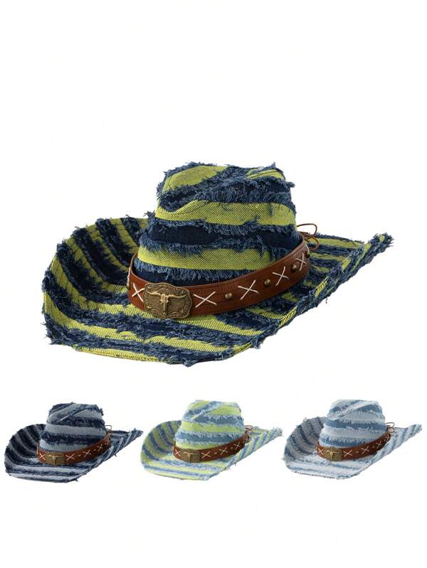 1pc Contrast Color Casual Polyester Denim Hat, Vintage Copper Bull Head Badge, Solid Color Tie-Up, White Cross Stitching, Copper Rivet Decor, Striped Fringe Denim Cowboy Hat