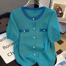 定向圆领新款短袖针织珍珠纽扣开衫修身 T 恤