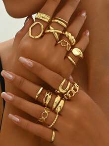 16件套朋克风戒指套装，复古几何戒指套装，时尚个性珠宝礼品，适合日常穿搭和派对配饰 - 金色 - 查看 3