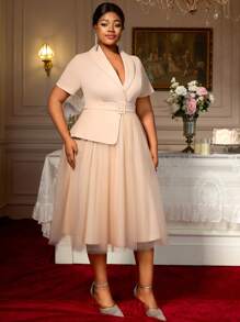 Khaki Turn-Down Collar Short Sleeve Peplum Patchwork Mesh A-Line Dress Business Party