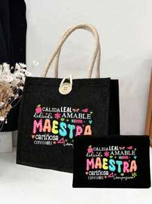 Bolso de mano de lino con estampado de agradecimiento al maestro, monedero de lino negro, bolsa de compras negra con texto "Maestra", regalo de aprecio al maestro, bolso de mujer de lino de gran capacidad. Diseño innovador, bolso de almacenamiento casual portátil de gran capacidad