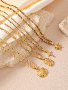4pcs Fashionable Cute Stainless Steel Ladies Summer Necklace With Shell Cross Stars Beach Elements Suitable For Women'S Daily Matching Holiday Dating Gift Jewellery - Gold - View 4