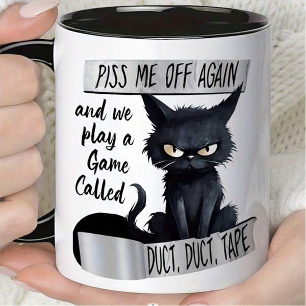 11oz Ceramic Coffee Mug - "Piss Me Off Again" Funny Cat Design, White With Black Text & Cartoon Cat Illustration, Reusable & Dishwasher Safe, Perfect Gift For Family, Friends, Or Holidays, Cat Lover Gifts Great For Outdoor Camping, Picnics, Travel