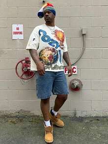 VHUTHK Double Sided Printing (220 Pure Cotton T-Shirt) 'COZY' Letters And Fireball Pattern Double-Sided Printing Men's Summer Round Neck Short Sleeved Casual Pure Cotton Printing