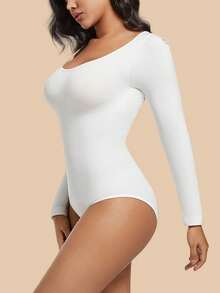 女士白色无缝塑身连体衣，收腹提臀，长袖 - 白色 - 查看 4