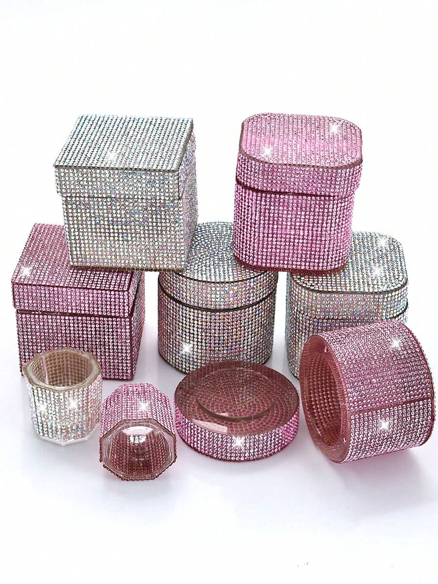 Rhinestone Crystal Cup High-End Brush Washing Glass Cup, Full Diamond Square Transparent Glass Cleaning Container With Lid, Jewelry Cup - Multicolor - View 1