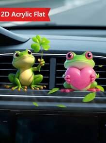 1pc 2D Flat Cute Heart Frog Design Car Vent Clip Decoration, Frog Holding 4-Leaf Clover Acrylic Car Air Freshener Vent Clip, With Dual Fragrance Pads, Random Scents, Car Air Freshener, Valentine's Day Decor