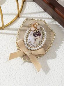 1pc Elegant Fabric Bow Decor Handmade Portrait Badge Brooch, Luxurious Jewelry Lapel Pins, Gift For Date Everyday Wearing