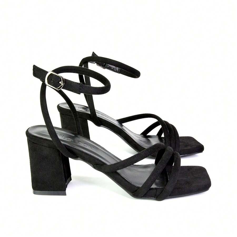 XY LONDON Trixie Women's Strappy Mid Block Heel Sandals, Square Toe, Buckle, Ankle Strap, Synthetic Leather, Suedette, Silver Metallic, Hot Pink, Orange, Black, White, Cool, Fashionable, Nightclub Style, Sexy, Spring Summer - Black - View 1