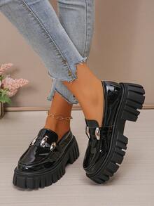 Zapatos de Mujer Mocasines de Estilo Preppy - Temporada 2025, Diseño de Punta Redonda, Suela Gruesa Antideslizante, unicolor, Sin Tratamiento y de Piel Sintética con Hebilla Slip-On - Negro - Ver 5