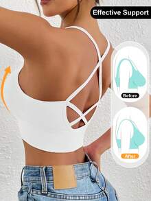 LianShengFa 1pc Backless Criss-Cross Strap High Elasticity Wireless Everyday Bra, Medium Support Seamless Y-Back Sports Bra For Yoga, Breathable & Comfortable - White - View 5