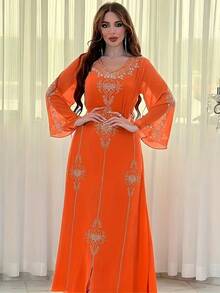 Saudi Arabia/Dubai Rhinestone Embellished Fashion Dress, Summer Chiffon Middle East Modest Dress