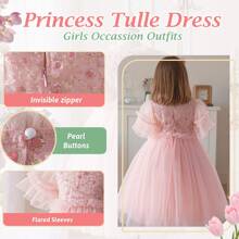 Girls Summer Dresses Pink Princess Style Embroidered Tulle Ruffled Sleeve Birthday Vacation Dresses