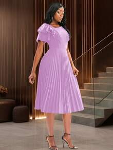 Vestido plisado de unicolor con mangas con volantes, elegante para uso diario en verano - Púrpura malva - Ver 5