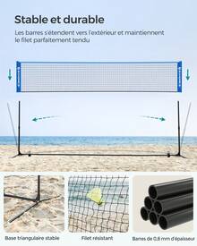 SONGMICS Filet de Badminton de 3 m, Filet de Volley-Ball, Hauteur réglable, Ensemble Portable pour Le Tennis, bleu - Bleu azur - Voir 7