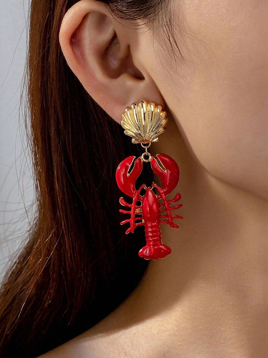1 Pair Enameled Crawfish Shell Statement Earring For Summer Vacation - Multicolor - View 1