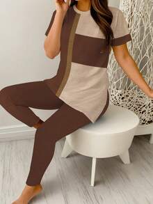 Women's Contrast Color Side Split Short Sleeve T-Shirt And Pants 2 Pieces Set, Fashionable Activewear For Spring, Autumn & Summer - Multicolor - View 2