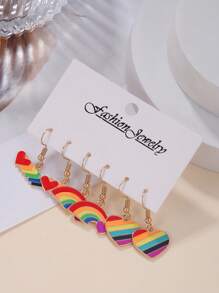 6pcs/Set Pride Month Earrings, Fashionable LGBT Rainbow Heart Shaped Earrings Set, Suitable For Men And Women, Great Gift For Friends And Girlfriends, Holiday Present