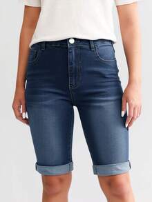 Women's Casual Denim Shorts With Pocket And Rolled Hem, Versatile Style - Blue - View 6