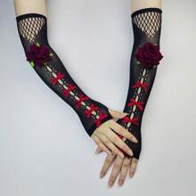 Gotische dunkelrote Spitzen-Fingerlose Handschuhe in mittlerer Länge, schwarze elastische atmungsaktive Netzhandschuhe für Partys
