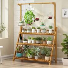 3 Tier Folding Bamboo Hanging Plant Stand Pot Shelf Stand Rack Indoor Outdoor Multi Use Greenhouse - Natural Wood - View 1