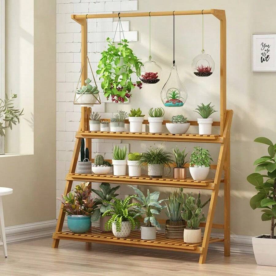 3 Tier Folding Bamboo Hanging Plant Stand Pot Shelf Stand Rack Indoor Outdoor Multi Use Greenhouse - Natural Wood - View 1
