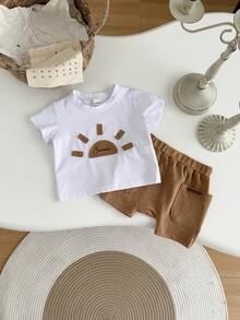 2 件套男婴夏季服装，白色短袖 T 恤，带太阳补丁刺绣和短裤 - 白色 - 查看 5