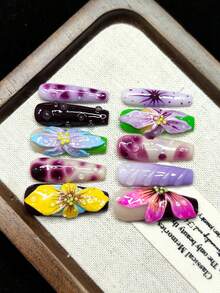 重磅装备！高品质货！手工可穿戴美甲，压感型假指甲，手绘涂鸦、圆点、3D花朵，高难度雕刻工艺，时尚高端。可重复使用，适合女生，附赠工具包 - 彩色 - 查看 4