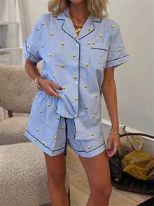 Women Bear/Lemon Striped Pajama Sets Lapel Neck Short Sleeve Button-Up Tops Elastic Waist Shorts Pjs Sets Sleepwear Loungwear - Màu xanh lam - Xem 4