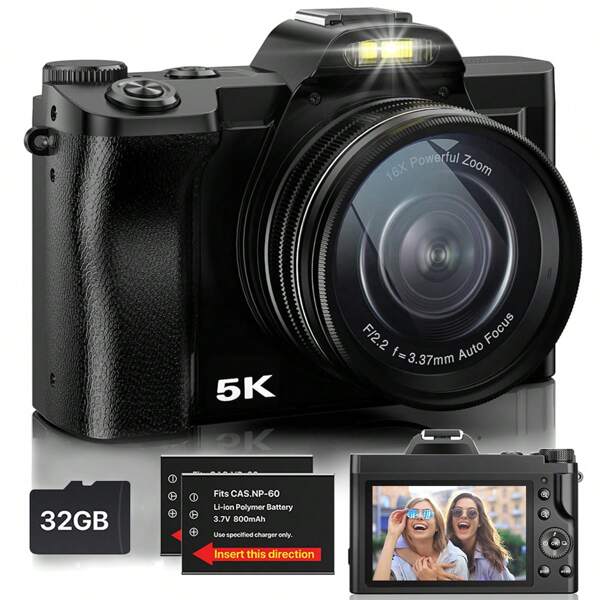 Nicamery Cámara digital de 5K con WiFi, Enfoque automático, Cámara para Vlogging, Cámara de 48MP para fotografía y video, Pantalla de 3.5 pulgadas, Cámara de viaje con filtro UV, Estabilización, Zoom digital 16x, Tarjeta SD de 32GB, 2 baterías