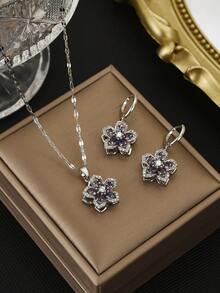 1pc Fashionable Cubic Zirconia 5-Petal Flower Stainless Steel Necklace, 1 Pair Fashionable Cubic Zirconia 5-Petal Flower Stainless Steel Earrings, Gold Necklace, Gold Earrings, Gift For Women, Suitable For Summer Daily Wear, Party, Women Accessories - Five-petal Flower Set - View 5