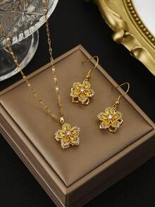 1pc Fashionable Cubic Zirconia 5-Petal Flower Stainless Steel Necklace, 1 Pair Fashionable Cubic Zirconia 5-Petal Flower Stainless Steel Earrings, Gold Necklace, Gold Earrings, Gift For Women, Suitable For Summer Daily Wear, Party, Women Accessories - Five-petal Flower Set - View 17
